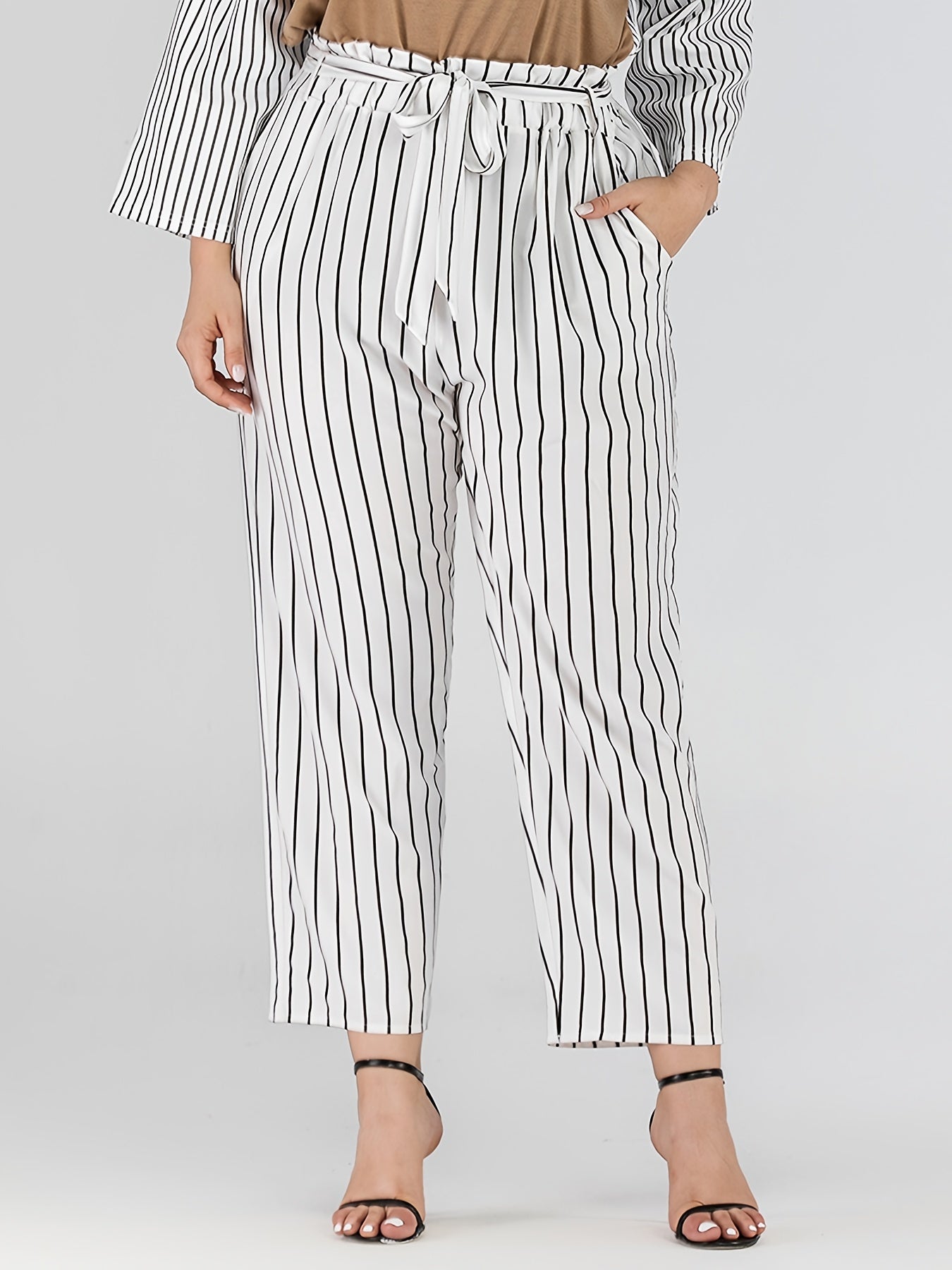 Striped Print Straight Leg Pants With Belt Women's Plus High Rise Loose Fit
