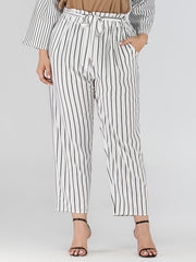 Striped Print Straight Leg Pants With Belt Women's Plus High Rise Loose Fit