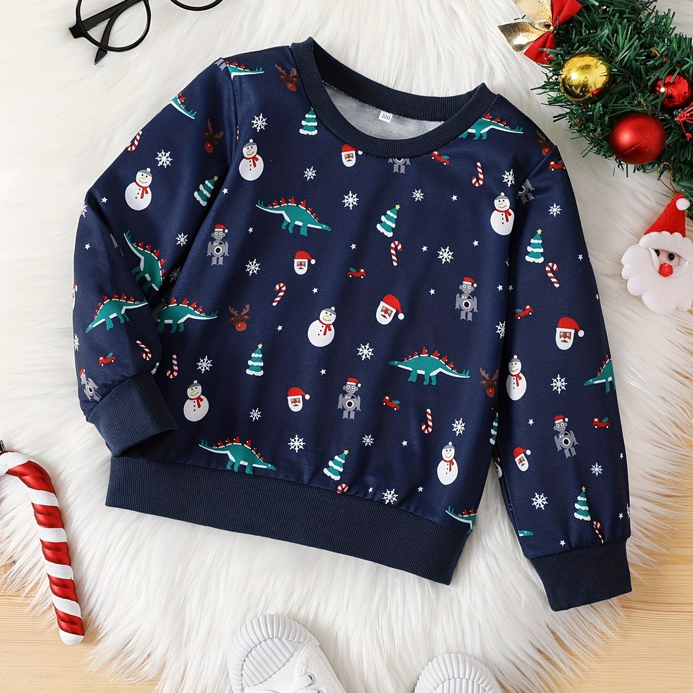 Dinosaur Santa Pattern Kid's Sweatshirt Long Sleeve Top Crew Neck Pullover