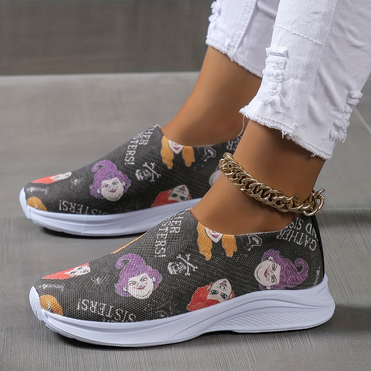 Halloween Witch Pattern Soft Thick Sole Shock Absorption Elastic Woven Shoes