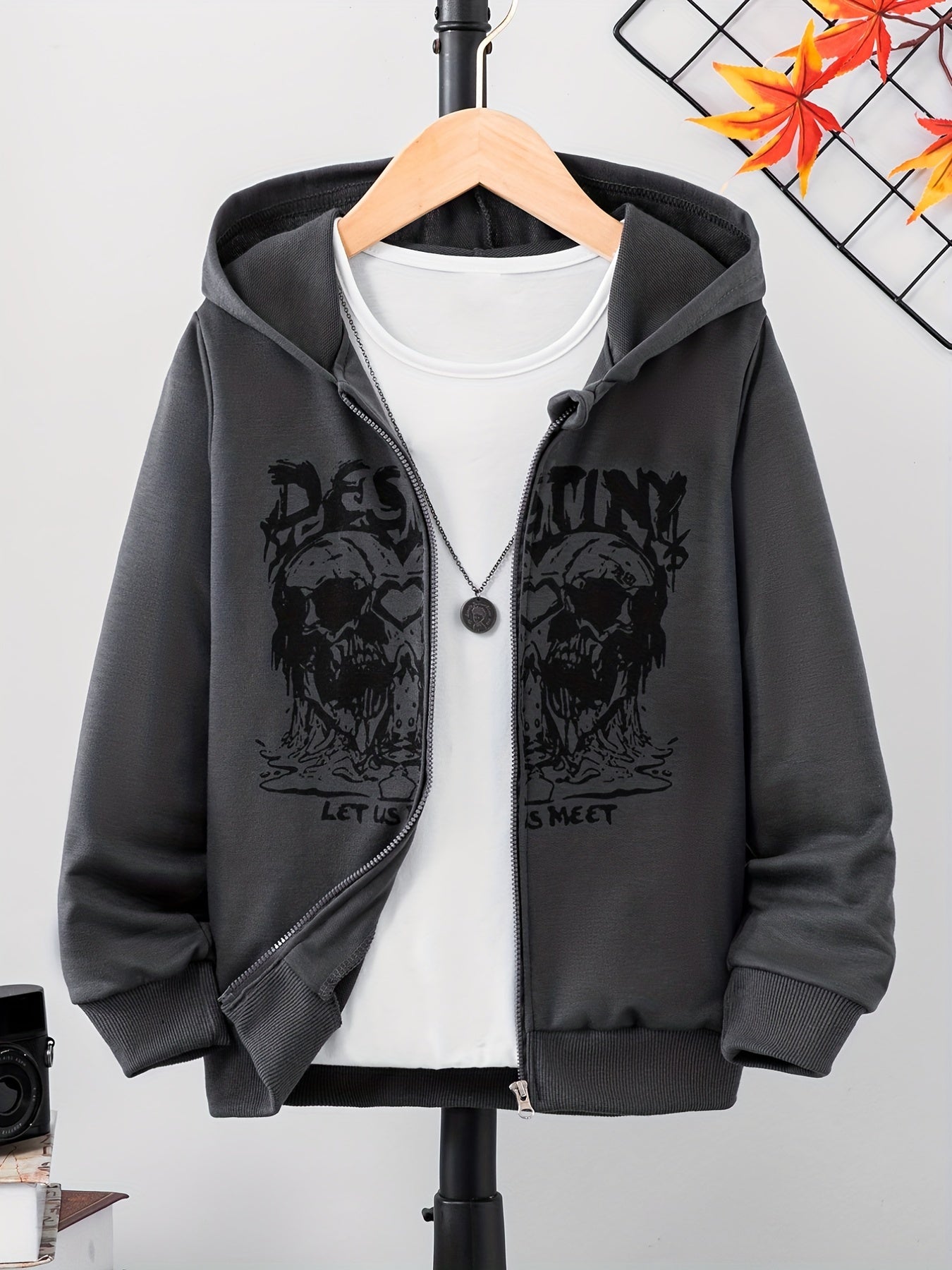 Funny Skull Print Boys Zip Up Hoodie with Pockets