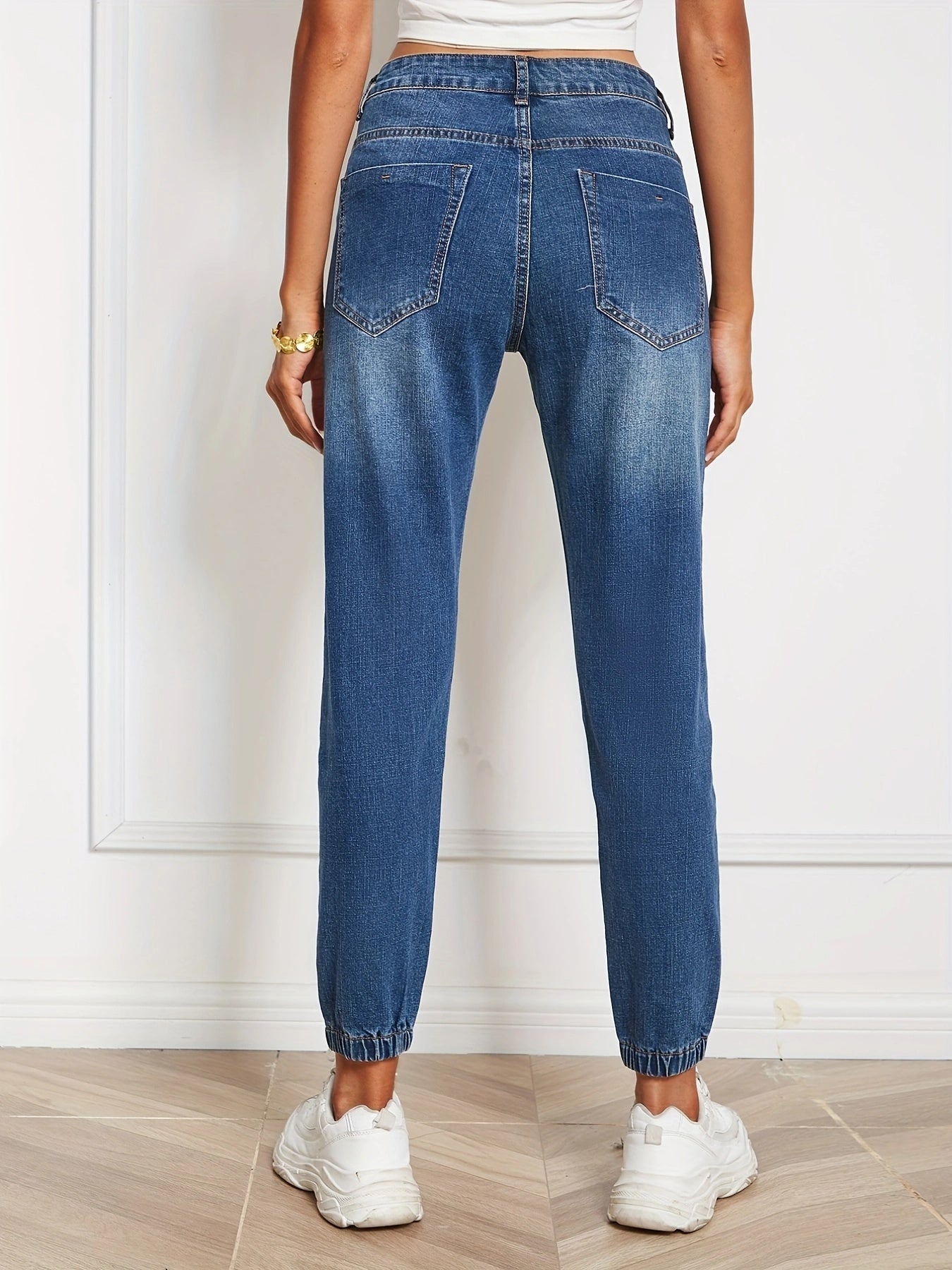Loose Fit Straight Jeans Slash Pockets Mid Strstch Casual Denim Pants
