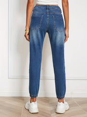 Loose Fit Straight Jeans Slash Pockets Mid Strstch Casual Denim Pants