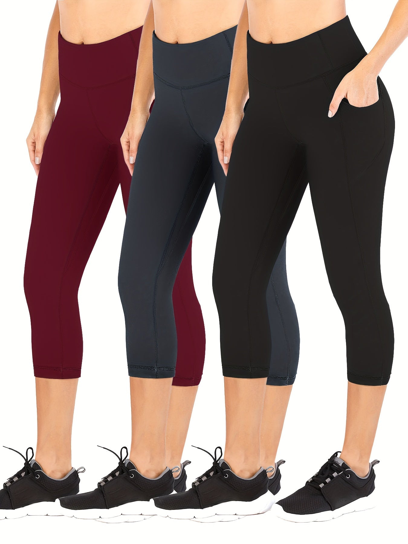 3Pcs Slim Fit Capris Yoga Pants Mid Stretch With Side Pocket