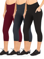 3Pcs Slim Fit Capris Yoga Pants Mid Stretch With Side Pocket