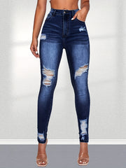 High Rise Ripped Leg Skinny Jeans Water Ripple Embossed Denim Pants