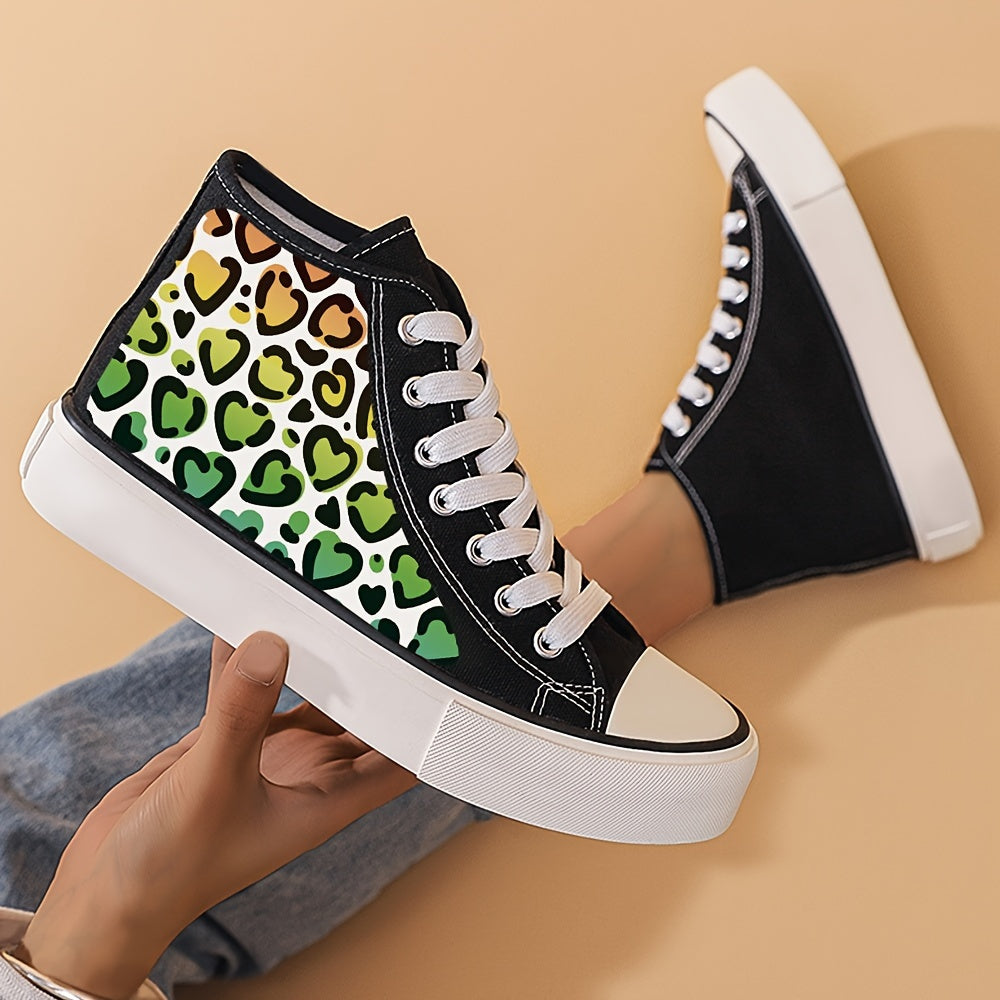 Heart Print Chunky Canvas Sneakers High Top Lace Up Casual Skate Shoes