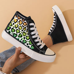 Heart Print Chunky Canvas Sneakers High Top Lace Up Casual Skate Shoes