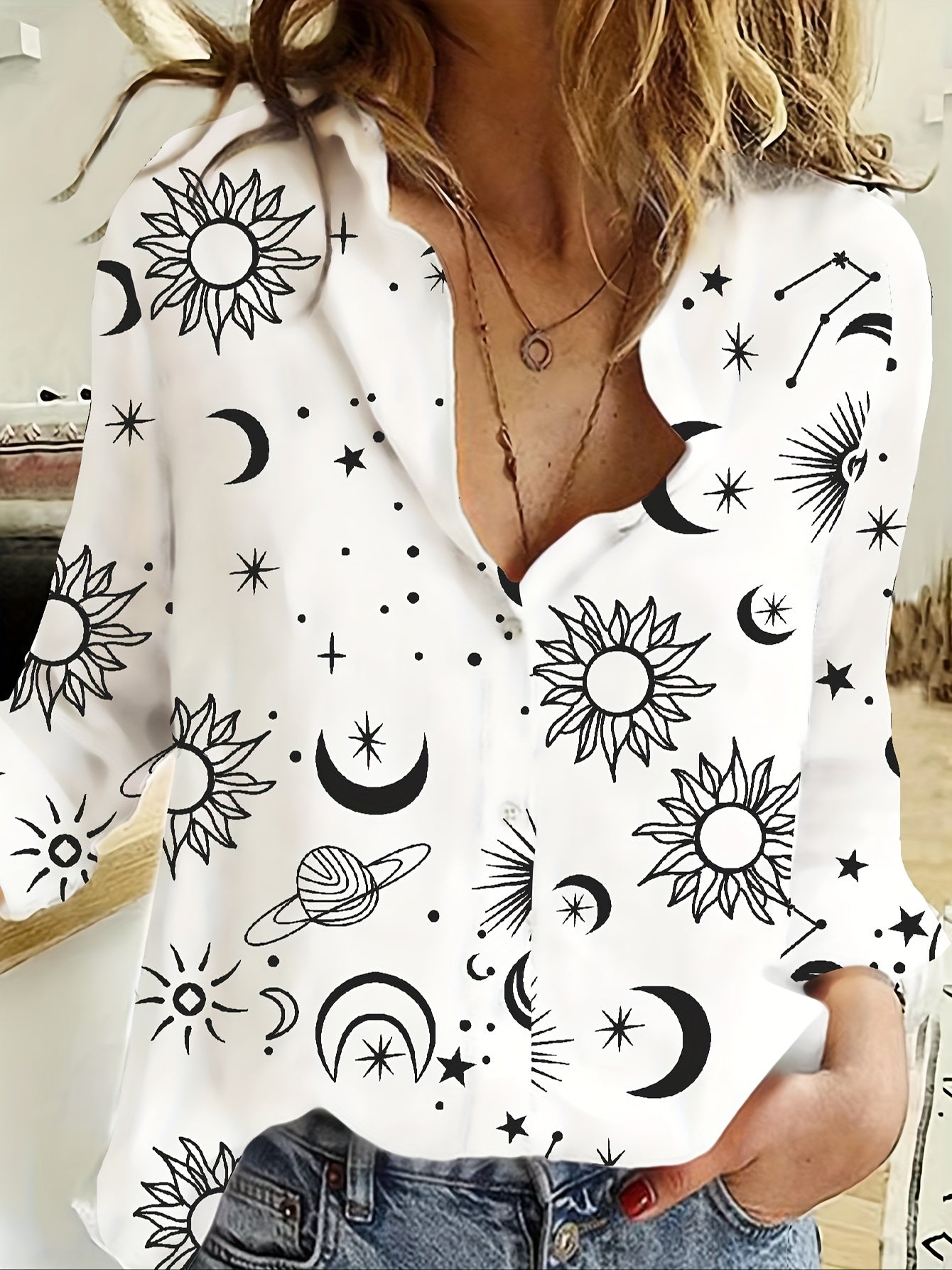 Sun & Moon Print Long Sleeve Button Up Collar Shirt