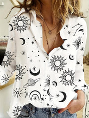 Sun & Moon Print Long Sleeve Button Up Collar Shirt