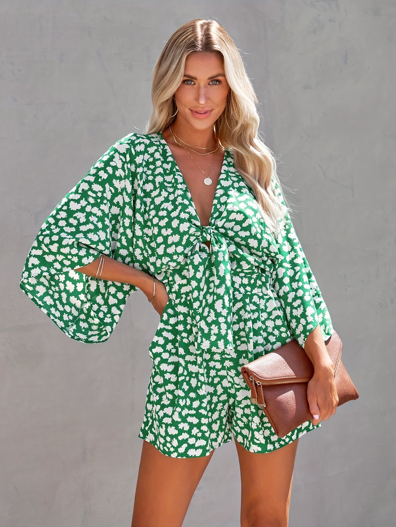 Flared Sleeve Romper V Neck Casual All-over Print Knotted