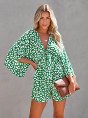 Flared Sleeve Romper V Neck Casual All-over Print Knotted