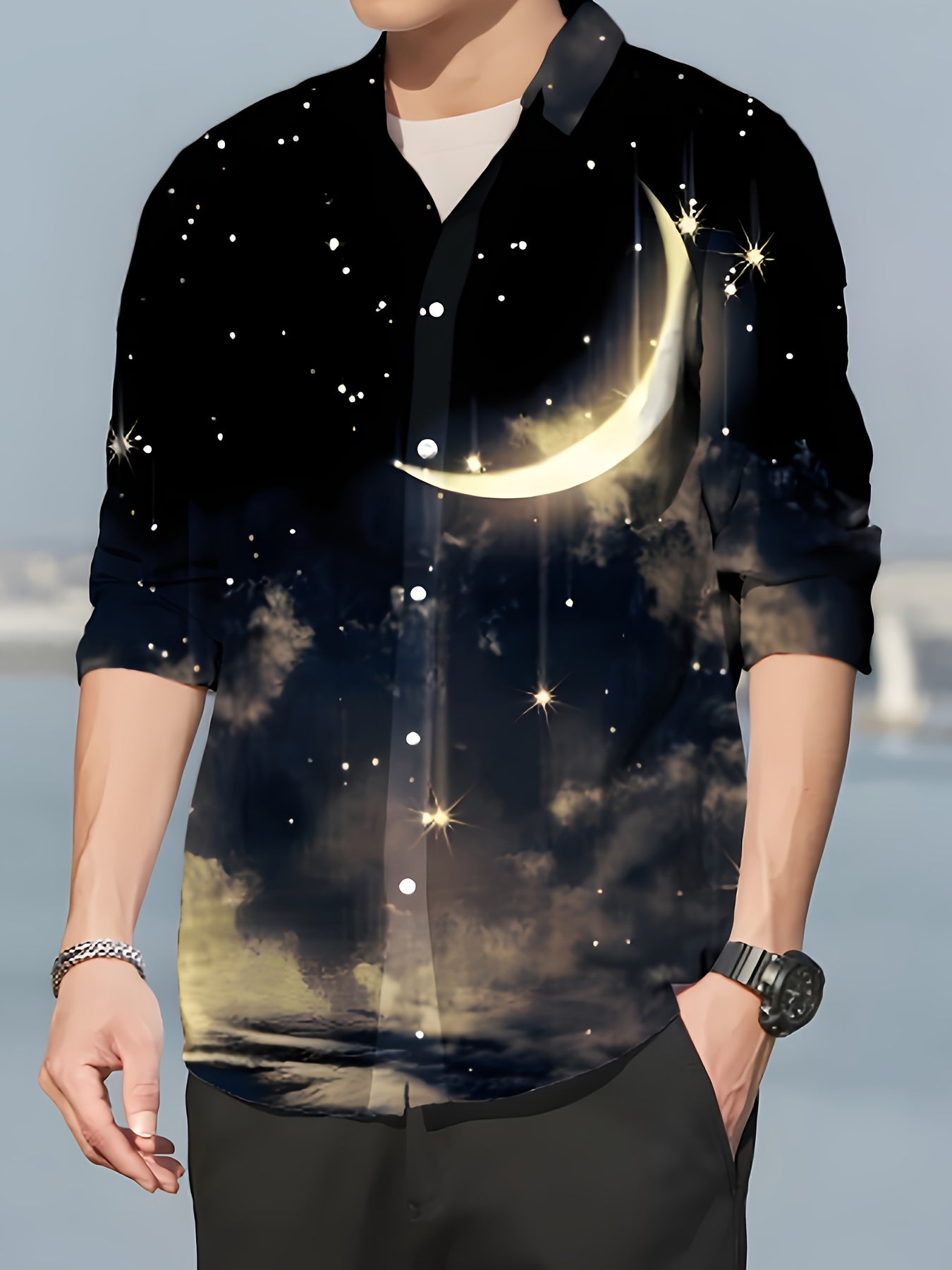 Star & Moon Print Men's Long Sleeve Shirt Autumn Wear