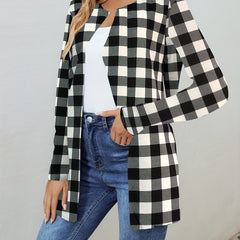 Gingham Print Open Front Jacket Long Sleeve