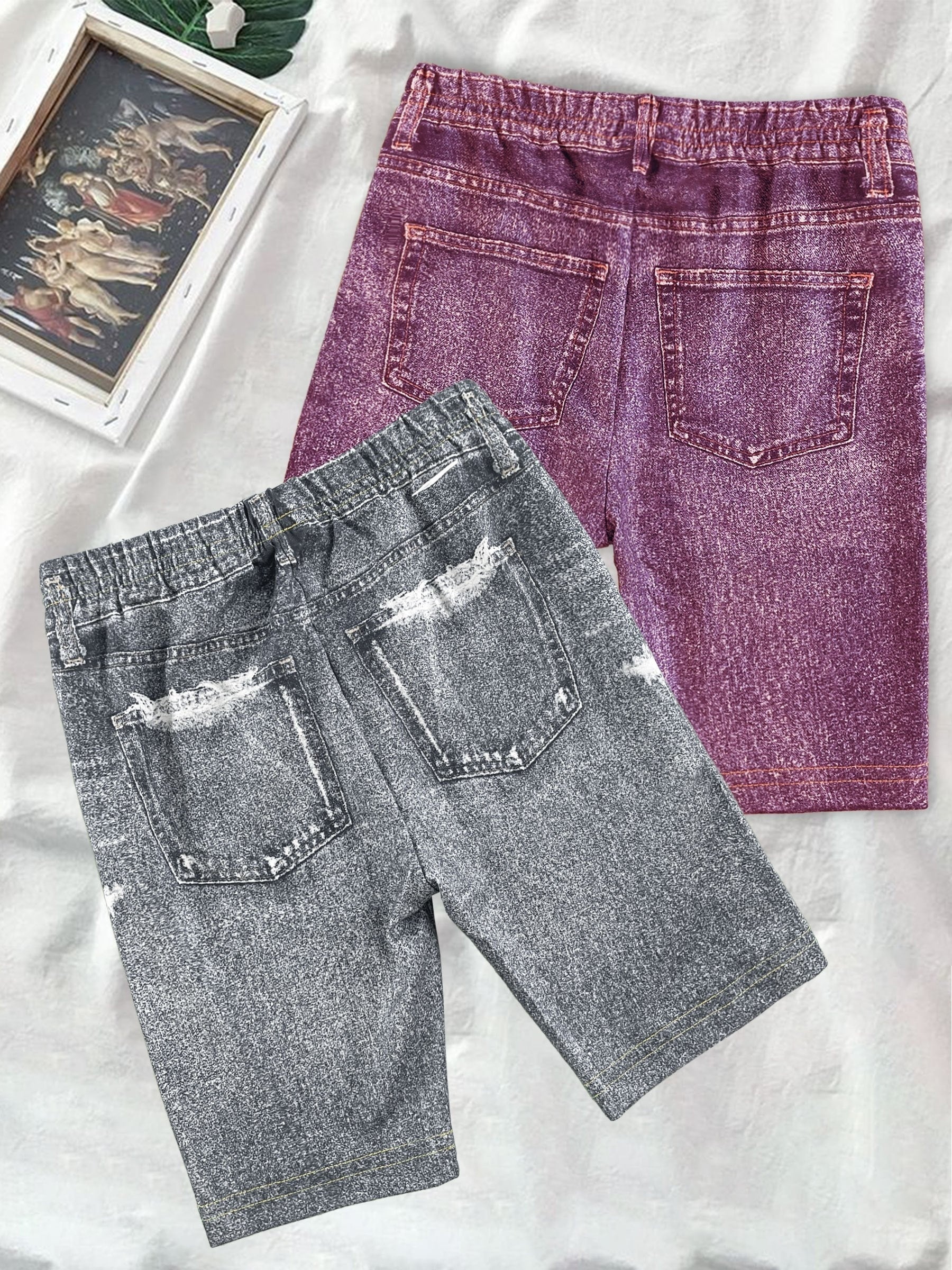 2pcs Girls' Denim Graphic Bike Shorts for Summer