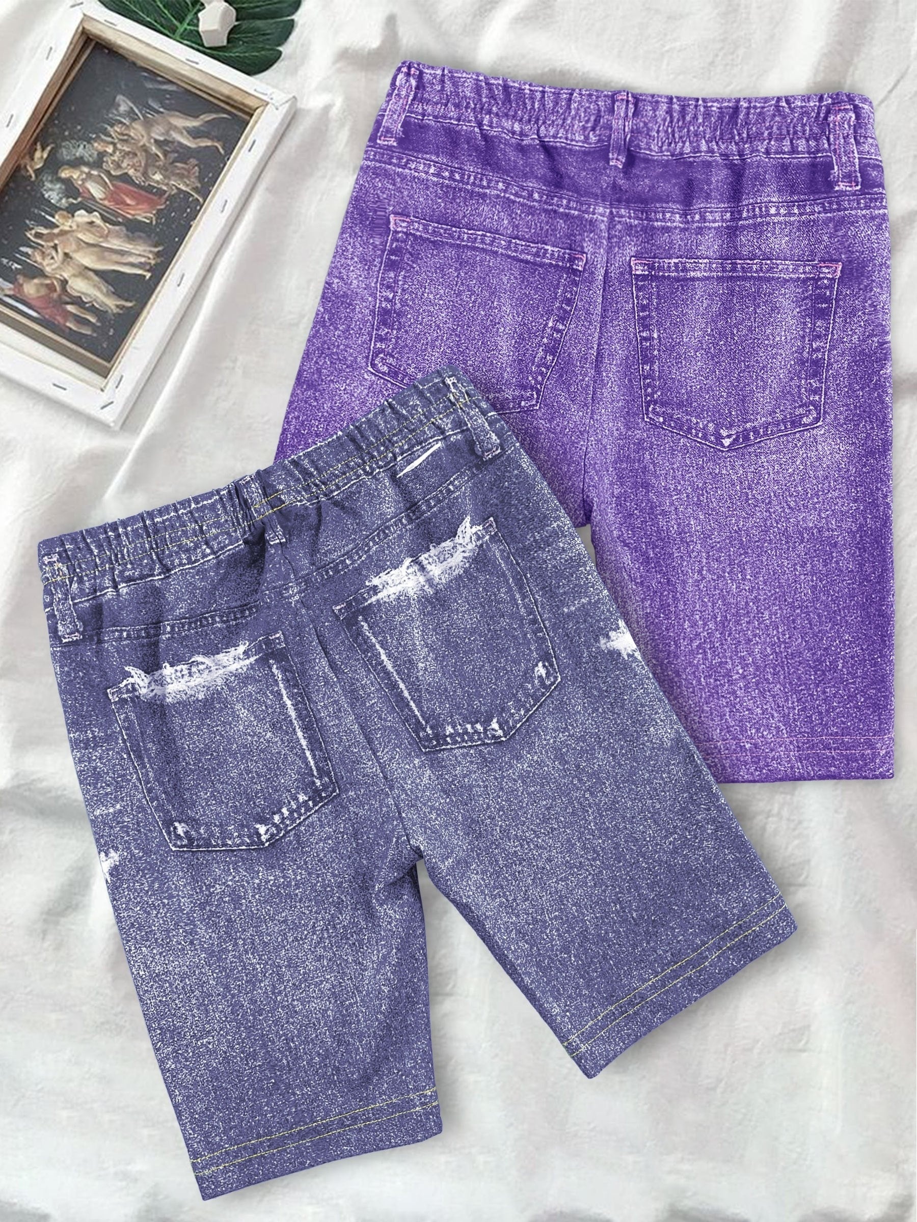 2pcs Girls' Denim Graphic Bike Shorts for Summer