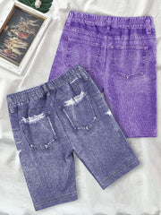 2pcs Girls' Denim Graphic Bike Shorts for Summer
