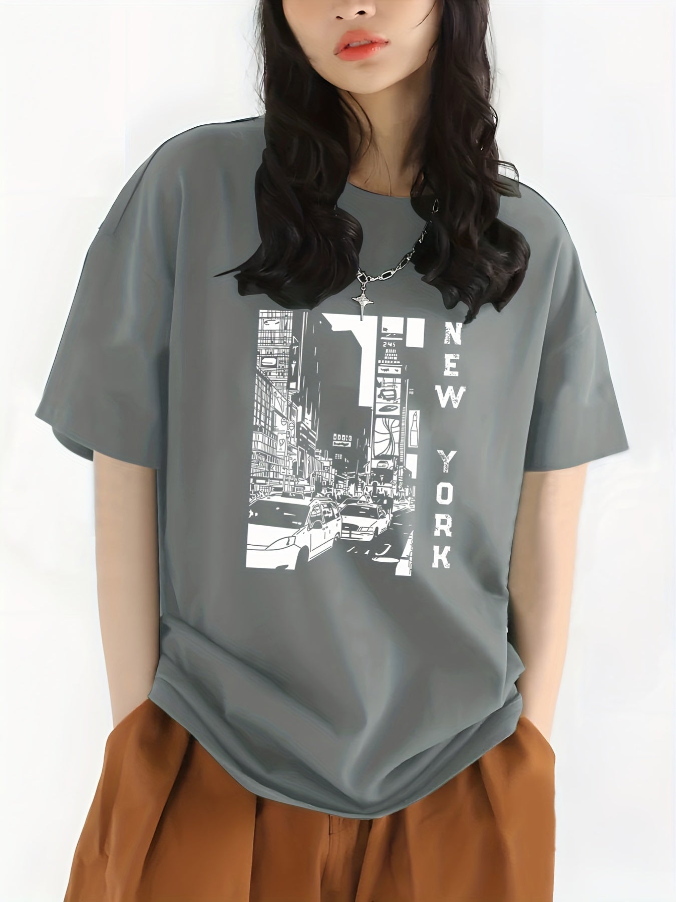 City View & York Letter Print Crew Neck Casual T Shirt