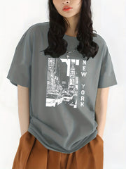 City View & York Letter Print Crew Neck Casual T Shirt