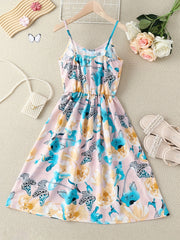 Girls Tropical Leaves Print Summer Dress Elastic Waist A-line Swing Sundress