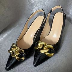 Metallic Chain Decor Mules Cone Heel Point Toe Ankle Buckle Slingback Shoes