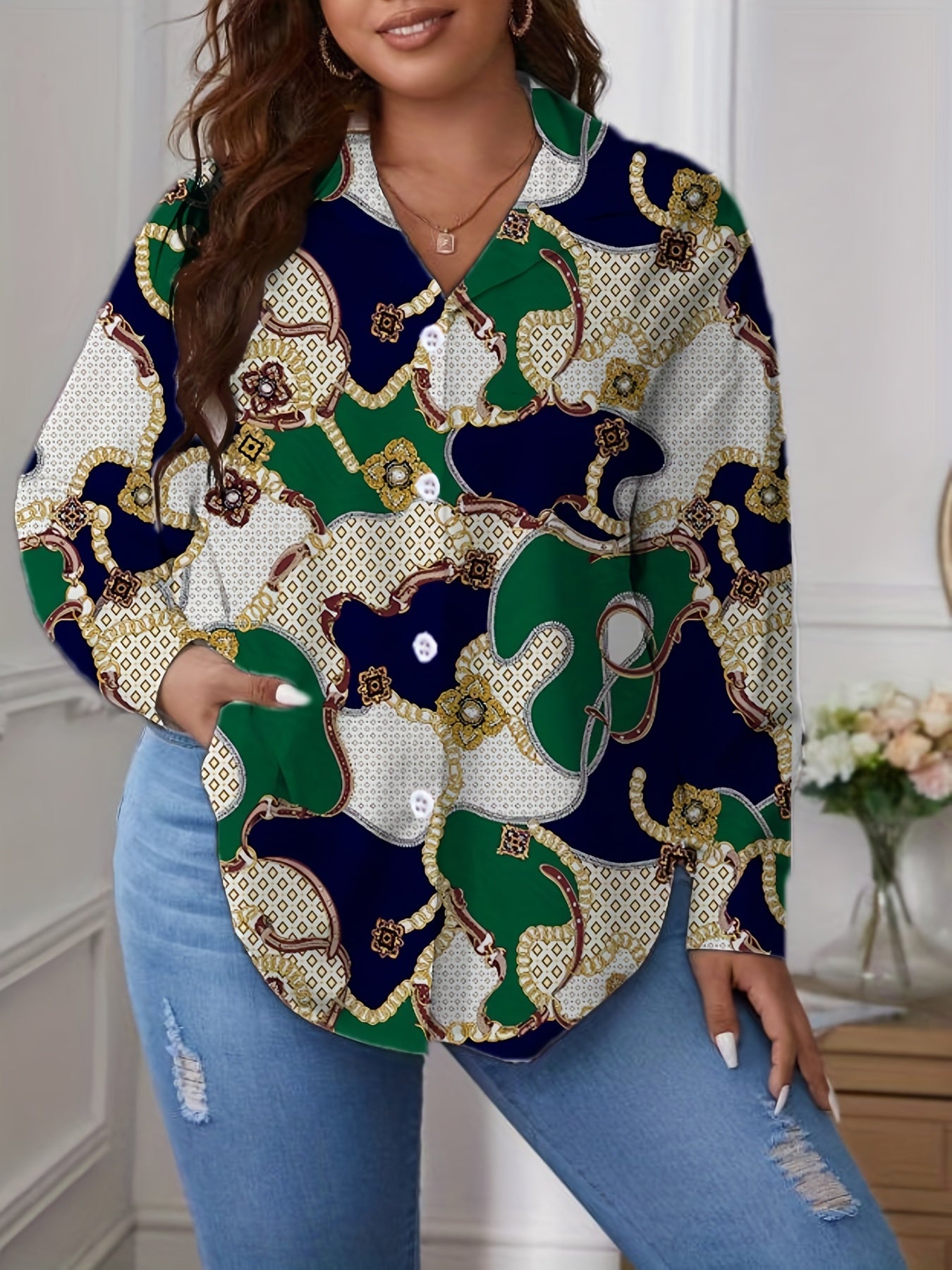 Paisley Print Button Up Long Sleeve Blouse