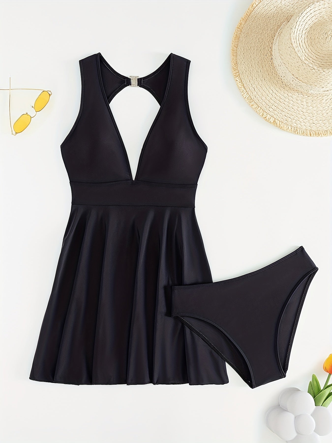 Deep V Neck Ruched High Cut Two Piece Swimsuit