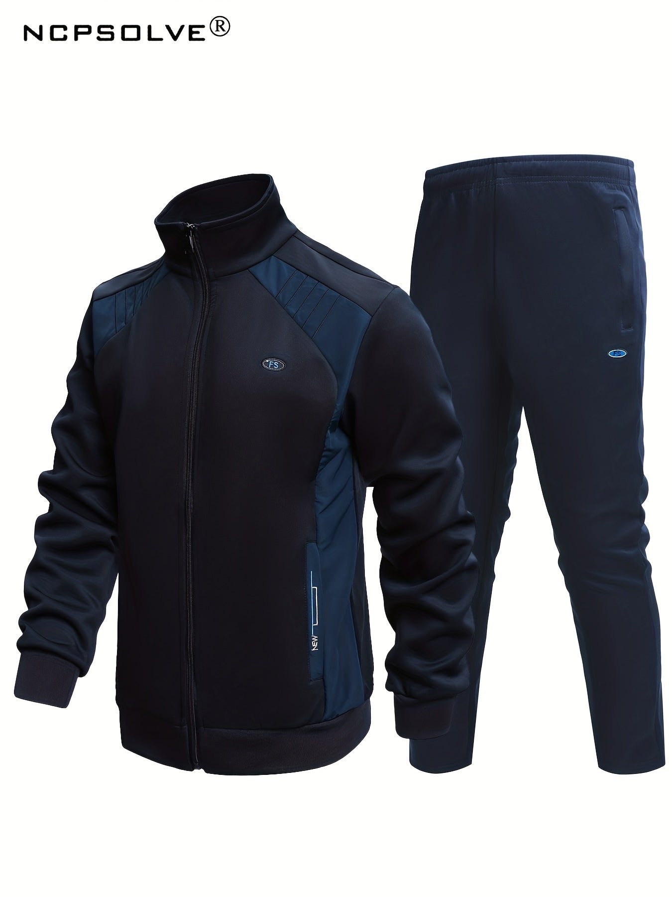 2pcs Men's Sports Suit Block Stand Collar Zip Up Jacket & Elastic Waist Pants