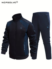 2pcs Men's Sports Suit Block Stand Collar Zip Up Jacket & Elastic Waist Pants