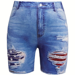 Denim & Flag Print Stretch Shorts