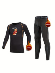 2pcs Kids Compression Fleece Sets Bear Pattern Crew Neck Pullover Pants Bodyco