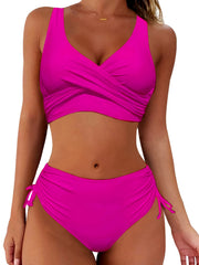 Layered V Neck Bikini Set High Waist Solid Two Piece Swimsuit