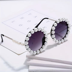 Round Frame Sunglasses Faux Pearl Decor Gradient Lens Glasses UV400