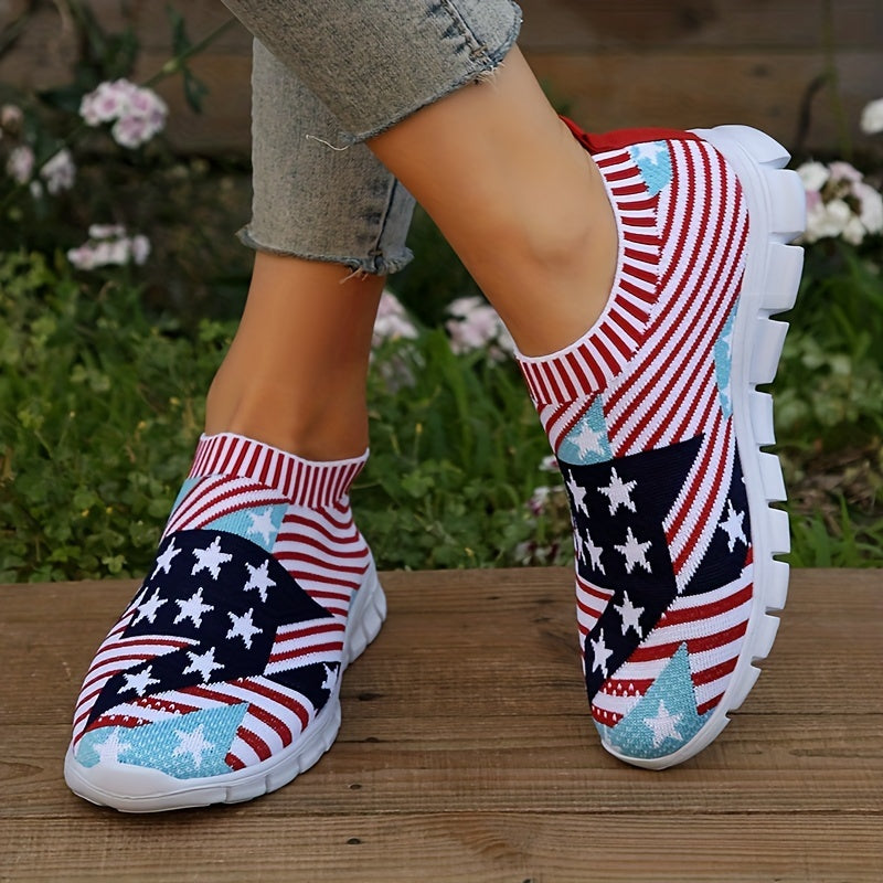 Women's American Flag Sock Shoes Breathable Knit Slip On Casual Walking Shoes