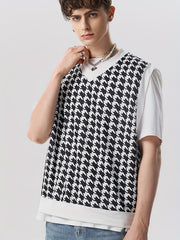 Houndstooth Pattern Vest Men's Casual Vintage Style V Neck Waistcoat