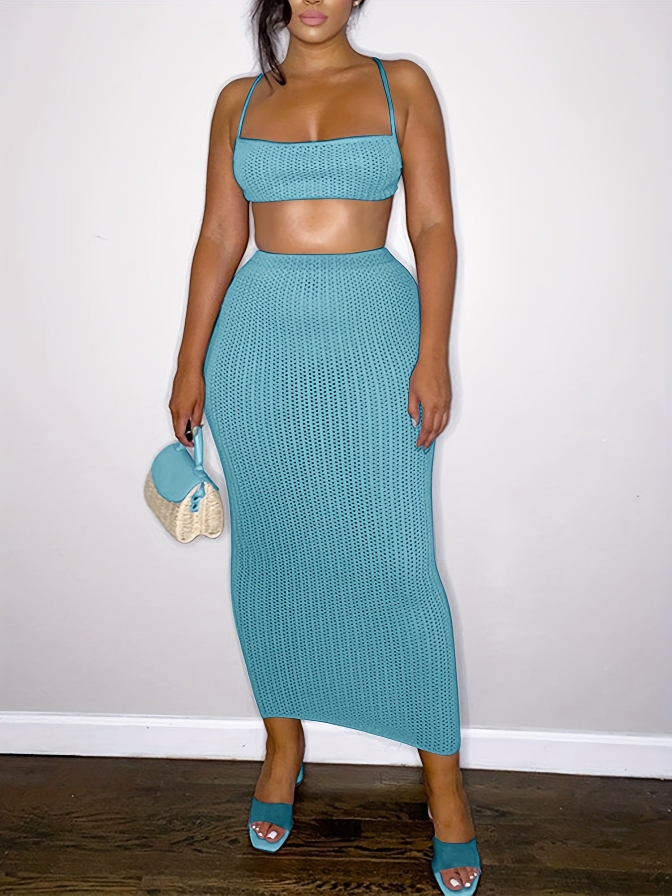 Cropped Vest & Pencil Skirt Set Tie Back High Waist Outfit Women's Clothing