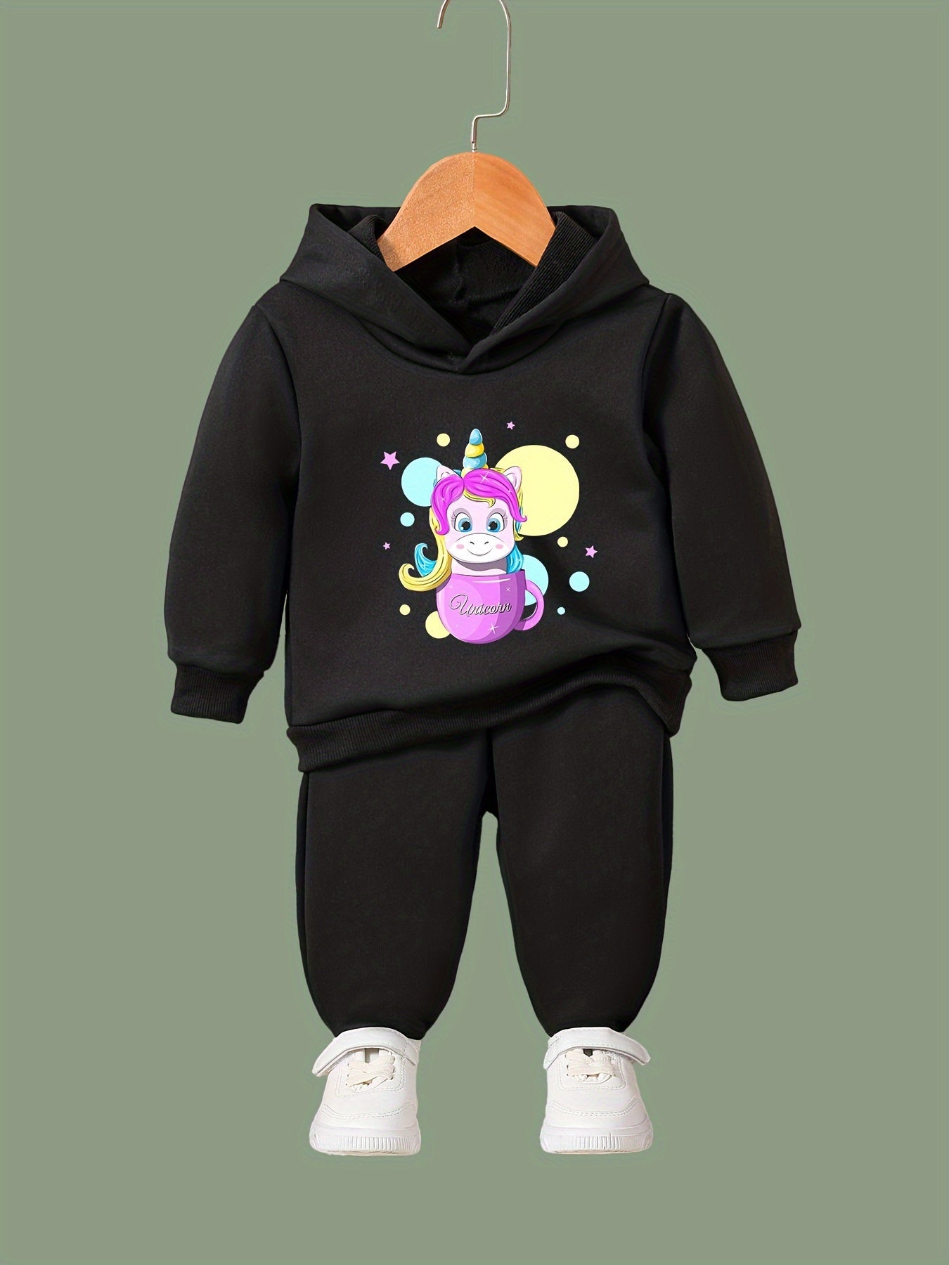 Girls Unicorn Pattern Hoodie Sweatshirt & Solid Sweatpants Set