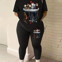 Cartoon Figure Print Two piece Set Casual Short Sleeve T shirt & Leggings