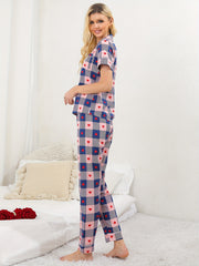 Heart Print Lounge Set Short Sleeve Button Up Top & Elastic Waistband Pants