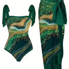 Green Striped Two Pieces Swimsuit with Cover Up Shirt