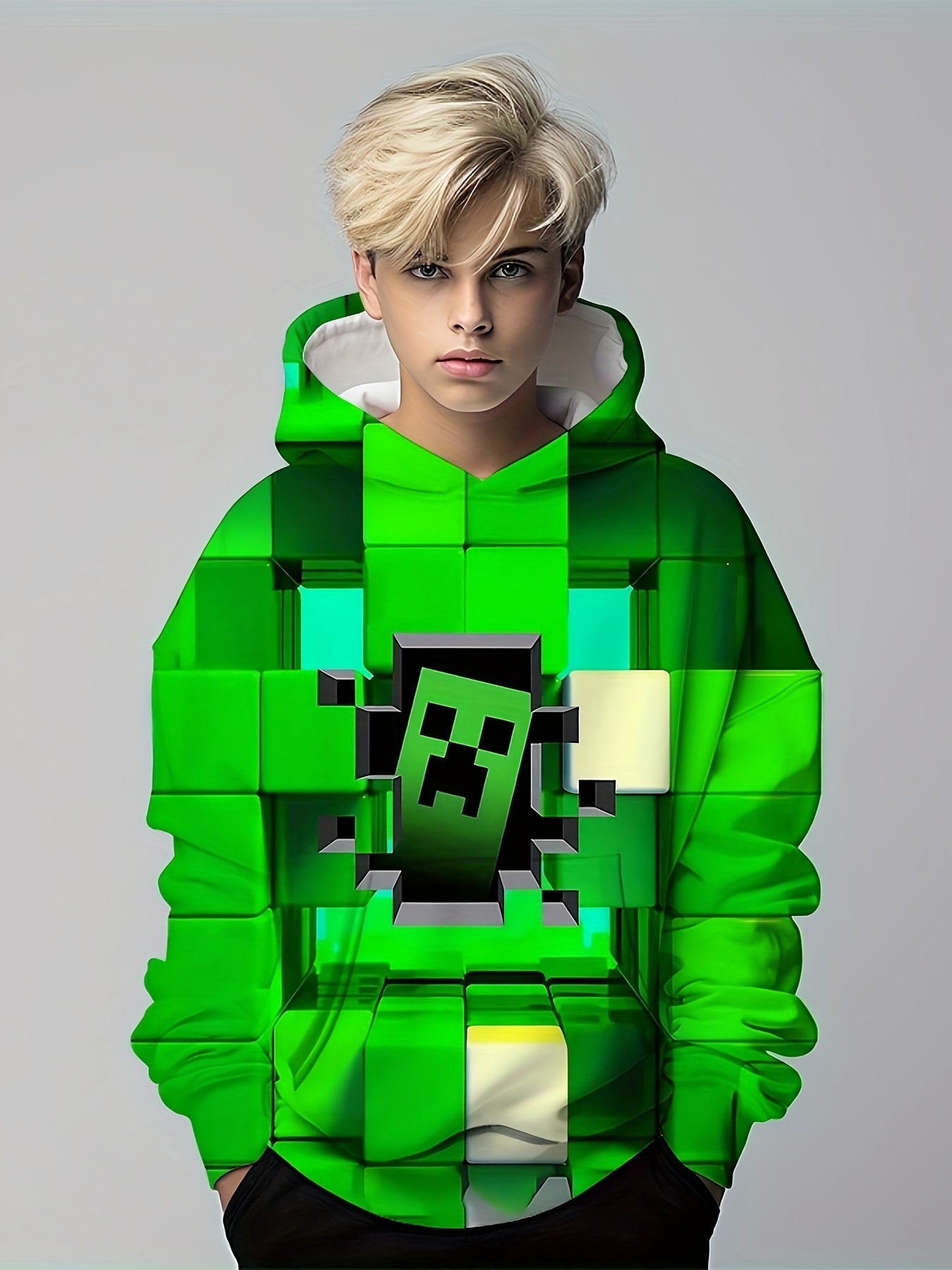 Boy's Green Monster Print Hoodie for Spring Fall