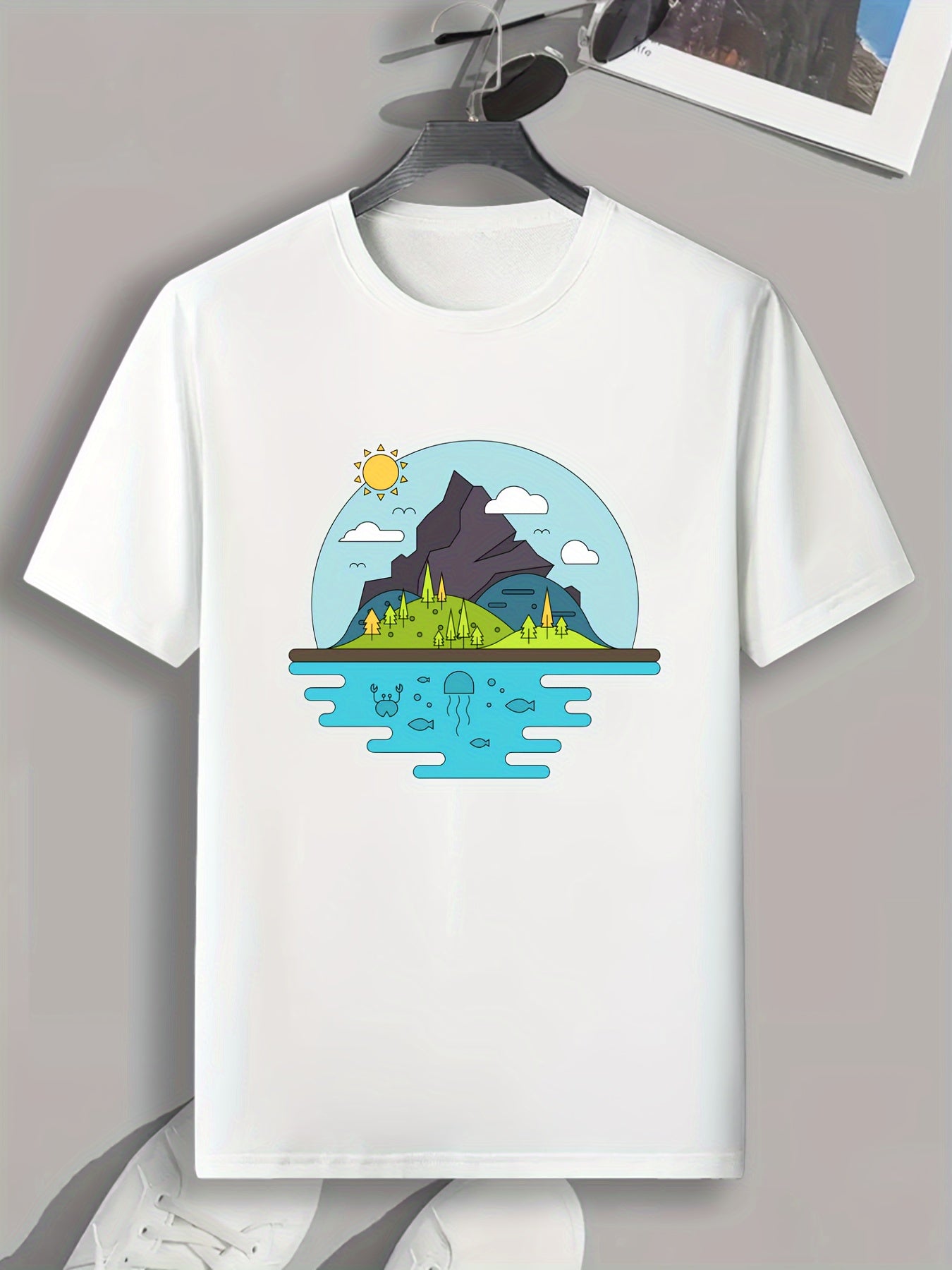 Mountain Lake Print Men's Graphic T-shirt for Summer