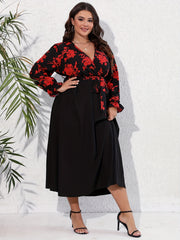Colorblock Floral Print Surplice Neck Dress
