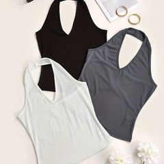 3 Pack Solid V Neck Halter Tops
