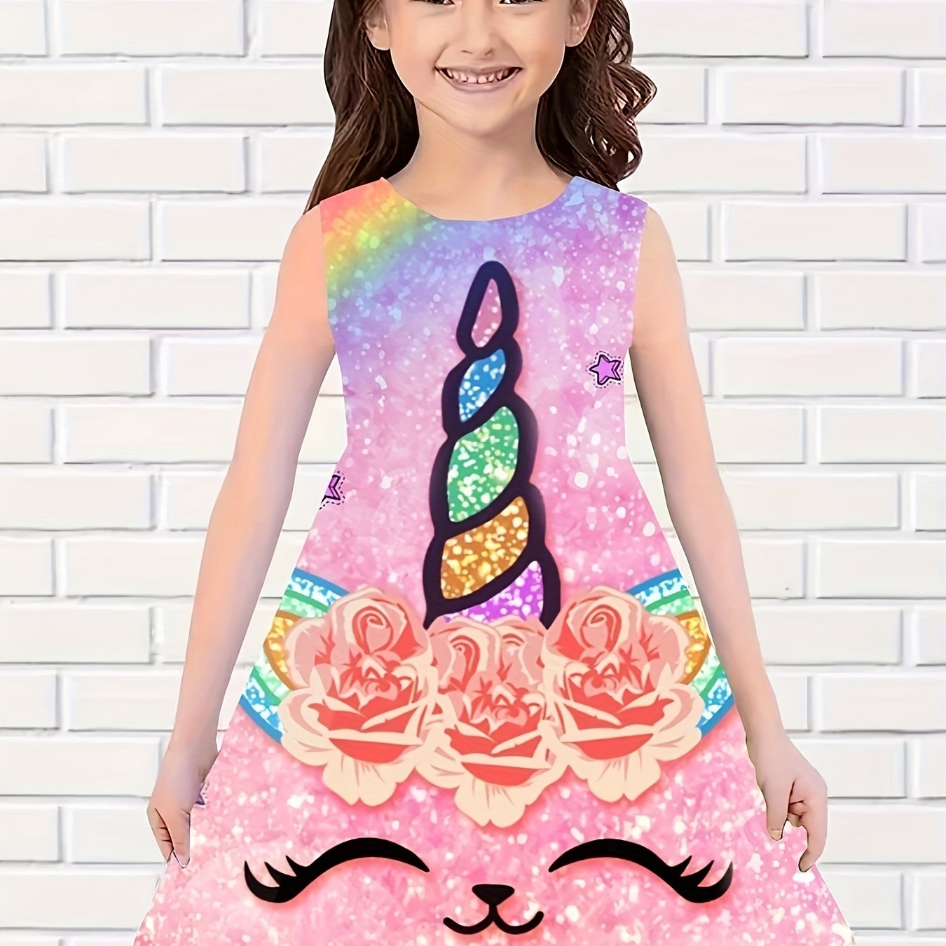 Sweet Unicorn Print Dress Girls Sleeveless Summer Party Gift