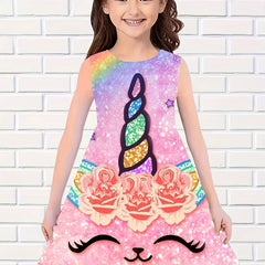 Sweet Unicorn Print Dress Girls Sleeveless Summer Party Gift