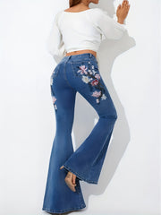 Floral Embroidery Flare Leg Jeans Medium Wash