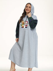 Santa Claus & Elk Print Plaid Hooded Lounge Dress