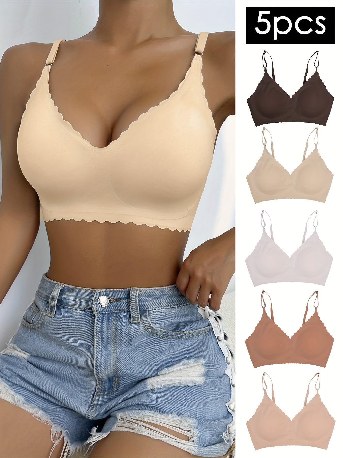 5 Seamless Wireless Bras Comfy & Breathable Scallop Trim Women's Lingerie