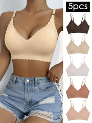 5 Seamless Wireless Bras Comfy & Breathable Scallop Trim Women's Lingerie